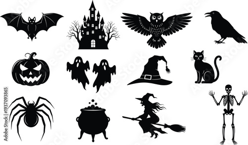 Detailed black silhouette collection of spooky Halloween elements including a haunted castle pumpkin witch ghosts bat owl and black cat.