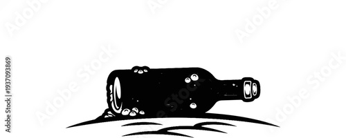 Black bottle with bubbles, lying on its side