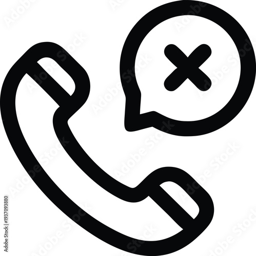 Black phone handset icon displays cancellation notification bubble on a white background