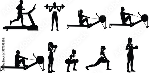 Fitness silhouettes of people exercising on rowing machine treadmill lifting weights kettlebell training and lunges isolated on white background for gym