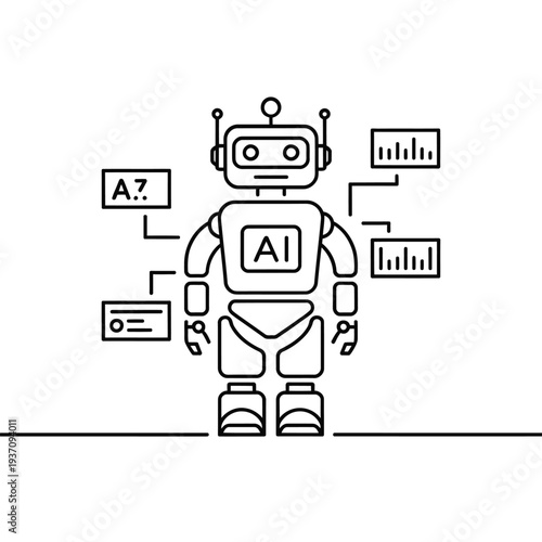 Line art illustration of a robot with artificial intelligence elements