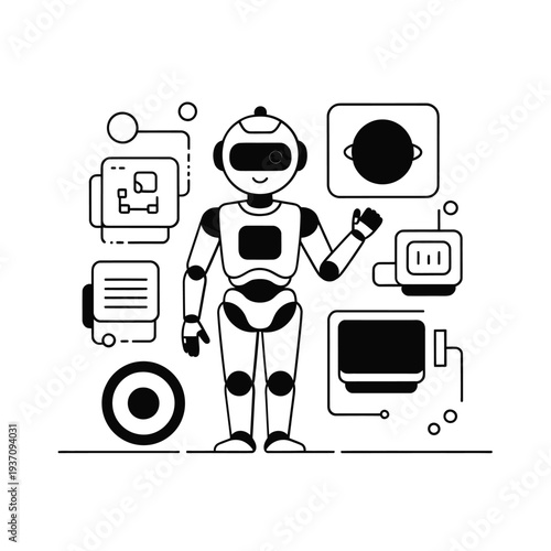 Line art illustration of a robot surrounded by technology and data