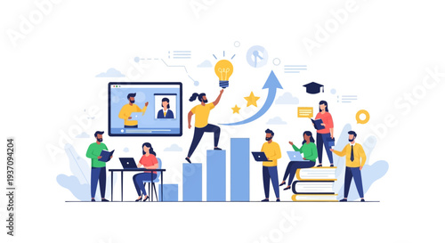 Business Success and E-Learning Concept. Team collaboration for professional development, skill acquisition, innovation, and career growth illustration.