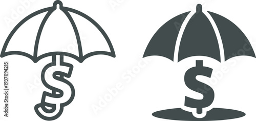 Black Silhouette Money Protection Icons Set, Umbrella Over Dollar Sign, Financial Shield, Insurance Coverage, Secure Investment, Risk Safeguard Vector Illustration Clipart