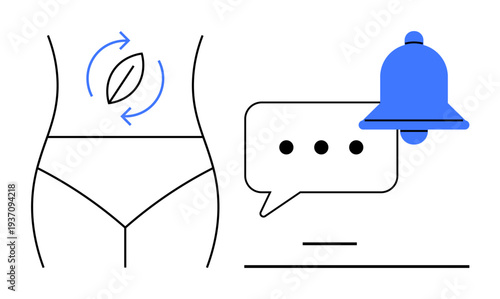 Healthy lifestyle, digestion tips, wellness management, medical updates, communication, notifications. Focus on a human abdomen and a notification bell. Wellness management and digestion tips