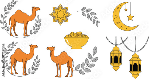 Ramadan Kareem Islamic Icon Set with Camel, Crescent Moon, Lantern, Star Ornament and Traditional Eid Elements for Ramadan Festival Design