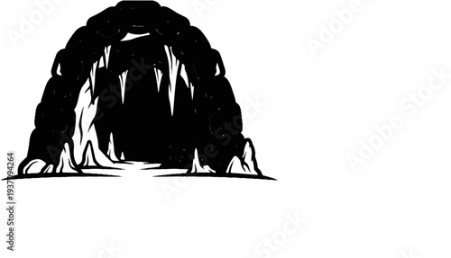 Ominous dark cave entrance with sharp, jagged teeth-like formations