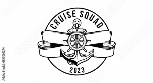 Nautical emblem with ship's wheel, anchor, banner, and year