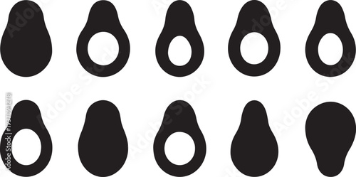 Ten black and white abstract shapes with holes in the center arranged in two rows