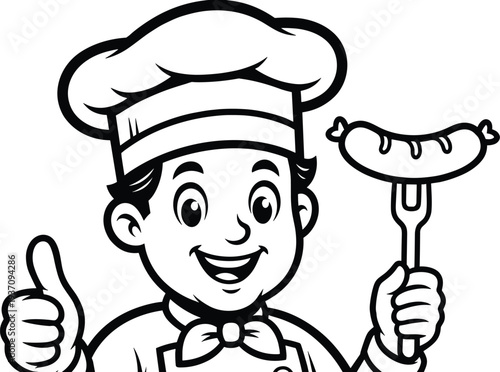 Friendly Cartoon Chef Character Holding a Grilled Sausage on a Fork and Giving Thumbs Up Vector Illustration for Restaurant Logo Butchery and Barbecue Branding
