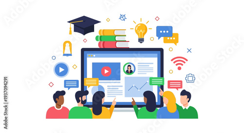 E-Learning Platform and Online Education Concept. Virtual Classroom, Group Study, Digital Course, and Knowledge Sharing on Screen.