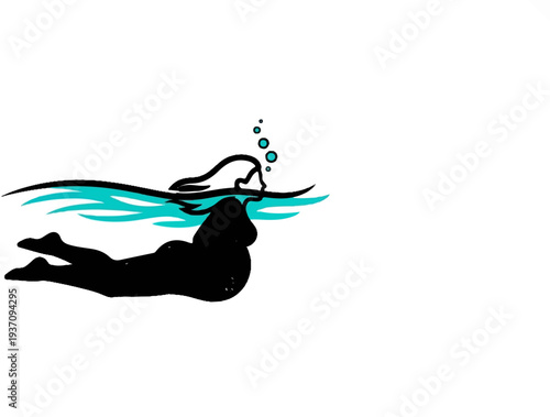 Stylized illustration of a person swimming underwater with bubbles