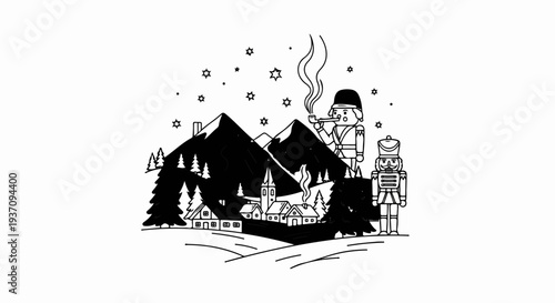 Stylized winter village scene with two nutcracker figures