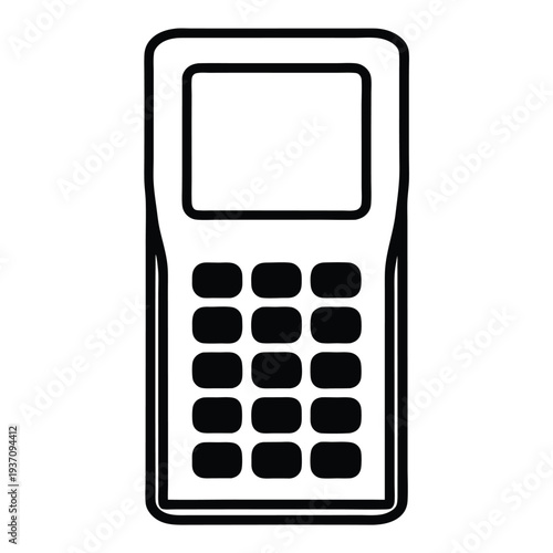 Minimalist calculator outline reveals black rounded rectangular buttons and screen display on white
