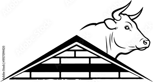 Stylized bull head over a brick gable roof structure