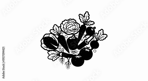 A variety of vegetables and produce are artistically arranged in a cluster