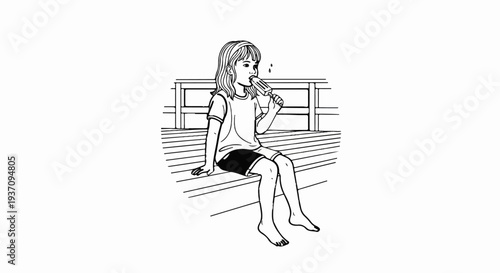 Young girl sits on a wooden deck eating an ice pop on a warm day