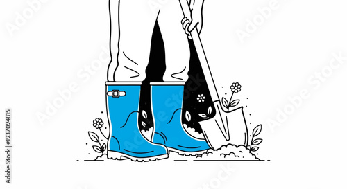 A gardener in blue boots uses a shovel to plant a flower