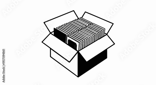 A black and white illustration of an open cardboard box filled with stacked items