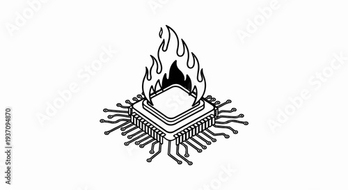 A black and white illustration of a computer chip with flames erupting from its top