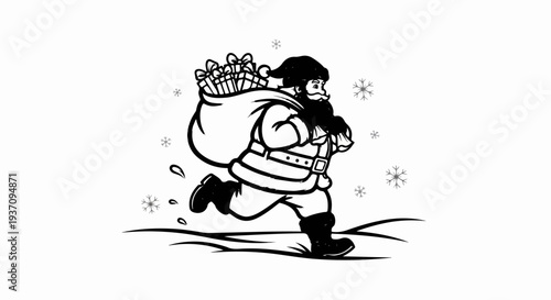 Jolly Santa Claus sprinting with a sack full of gifts and snowflakes