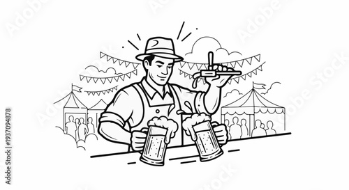 Man pouring beer at a festival with tents and flags
