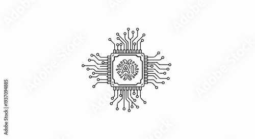 Stylized illustration of a central processing unit with AI insignia and connected circuit pathways