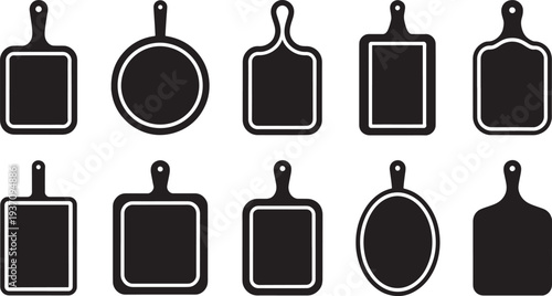 Ten black and white cooking utensils with handles on a white background