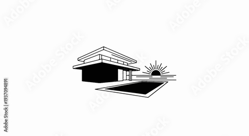 Modern house with pool at sunset overlooking water