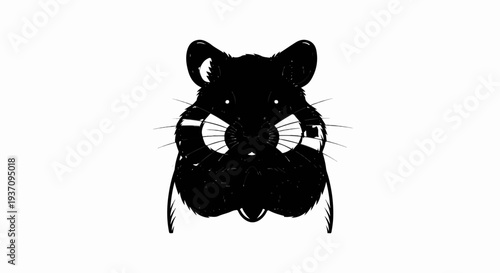 Stylized black and white drawing of a rodent's face with prominent whiskers
