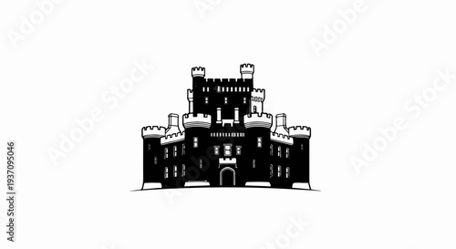 Stylized black and white illustration of a symmetrical fortress with multiple turrets and windows