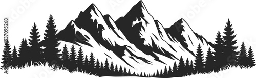 Majestic mountain landscape with pine forest silhouette vintage wilderness nature scene alpine peaks illustration for logo camping adventure branding design