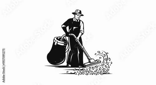 Vintage illustration of a man vacuuming leaves outdoors