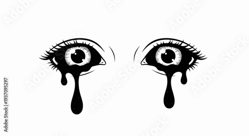 Two wide-eyed black and white illustrative eyes with dripping black ink