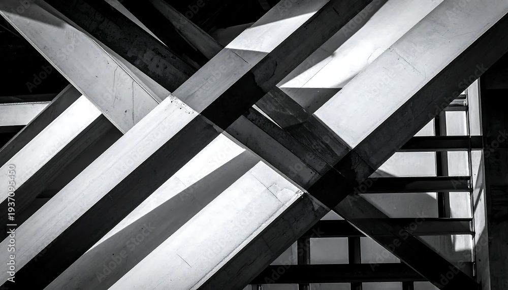 Obraz premium A stark, monochrome image captures intersecting wooden beams, creating dynamic light/shadow contrasts and geometric patterns