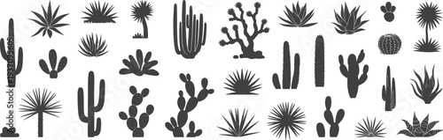 Desert cactus and succulent plants silhouette collection with agave yucca prickly pear botanical vector set isolated illustration