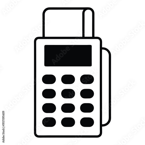 Black outline illustrates a digital transaction device with a receipt and display screen
