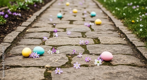 Easter day celebration with colorful eggs and flowers on stone pathway