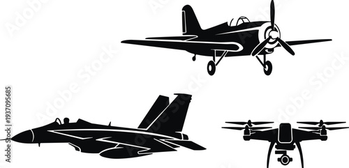 Aircraft silhouette collection, fighter jet propeller plane drone icons set, military aviation vehicles, air force aircraft symbols, aviation transport vector illustration