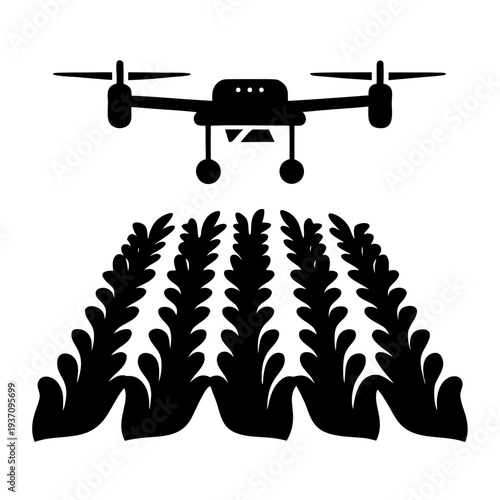Drone flying over crops in modern agricultural field