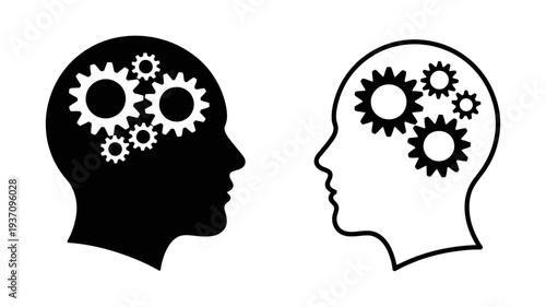 A human head silhouette containing gears, representing strategic thinking, mental processes, and analytical intelligence.