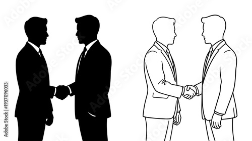 Two businessmen shaking hands in line art style, signifying mutual respect, deal-making, and professional relationships.
