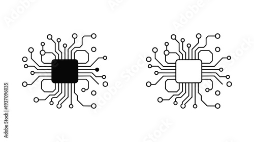 A simplified circuit board with a central chip, representing electronic design, processing power, and technology.
