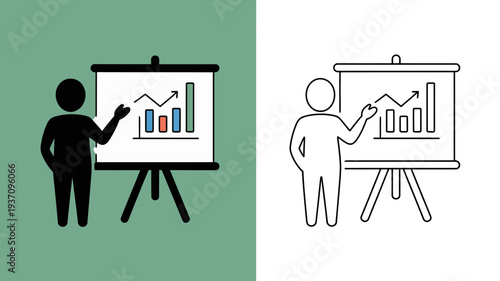 A simplified stick figure person presenting a bar chart and line graph on an easel board.