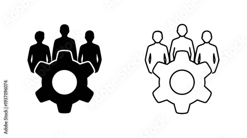 A clear representation of teamwork and operational processes with three people standing behind a large gear.