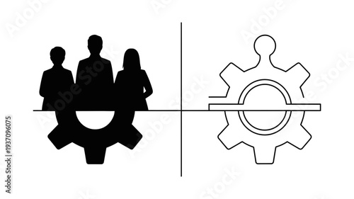 A conceptual split image showing teamwork and process with three silhouette people on a half gear.