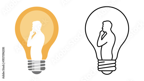 A person in a pensive thinking pose is creatively contained within the glowing filament of a lightbulb.