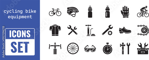 Cycling bike equipment icons set including bicycle helmet and tools