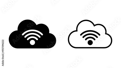 A pair of cloud icons featuring a Wi-Fi signal, one solid black and one outlined, symbolizing wireless connectivity and cloud computing.