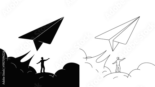 A person stands on a cloud, looking up at a large paper airplane soaring into the sky.